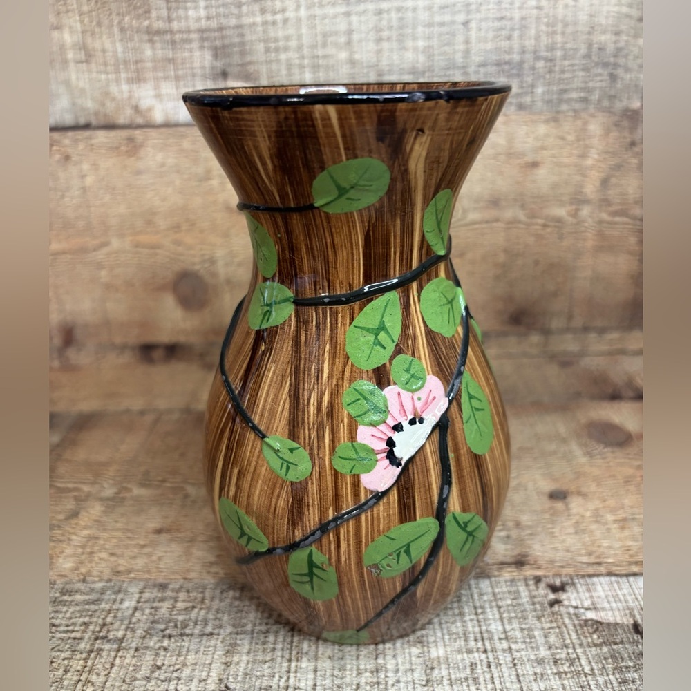 Vintage NSP Hand Painted Pottery Made in Italy Brown Floral 6.5” Pink Flowers